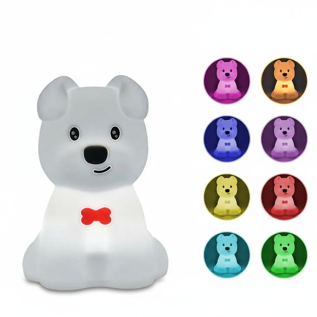 Veilleuse Chien Nœud Papillon – Lampe LED tactile en silicone rechargeable USB