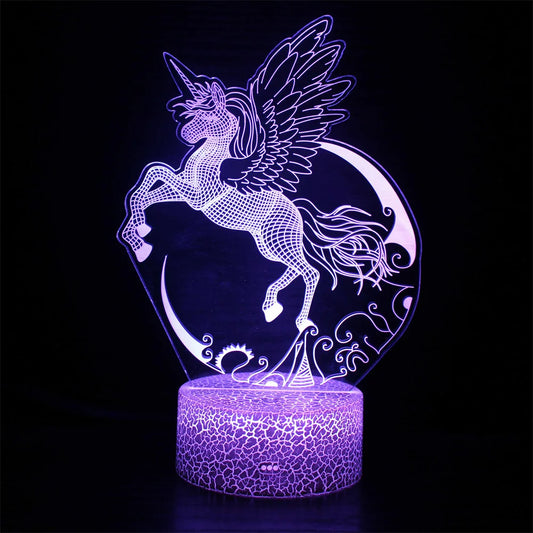 Veilleuse Licorne Ailée LED 3D — Lumière féerique et colorée, rechargeable USB
