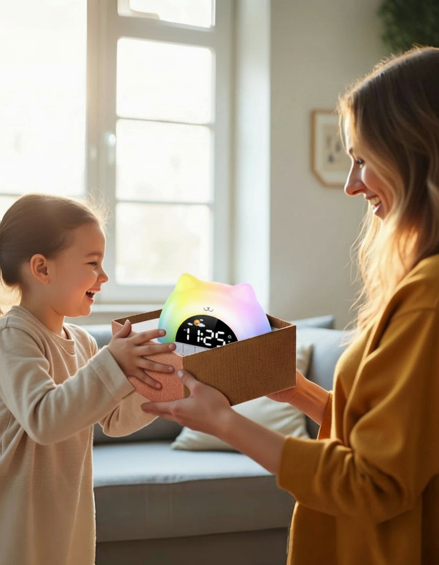 Veilleuse Réveil Chat – Lampe de Nuit Enfant – Réveil Lumineux avec Sons Apaisants – Rechargeable USB