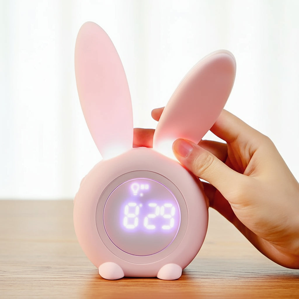 Veilleuse Réveil Lapin – Lampe de Nuit Enfant – Réveil Lumineux – Rechargeable USB