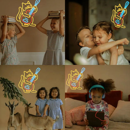 Veilleuse Chat Guitariste Néon LED – Lampe décorative murale pour chambre enfant-Rechargeable USB