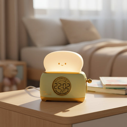 Veilleuse Réveil Toast – Lampe de Nuit Enfant avec Affichage LED et Température, Rechargeable USB