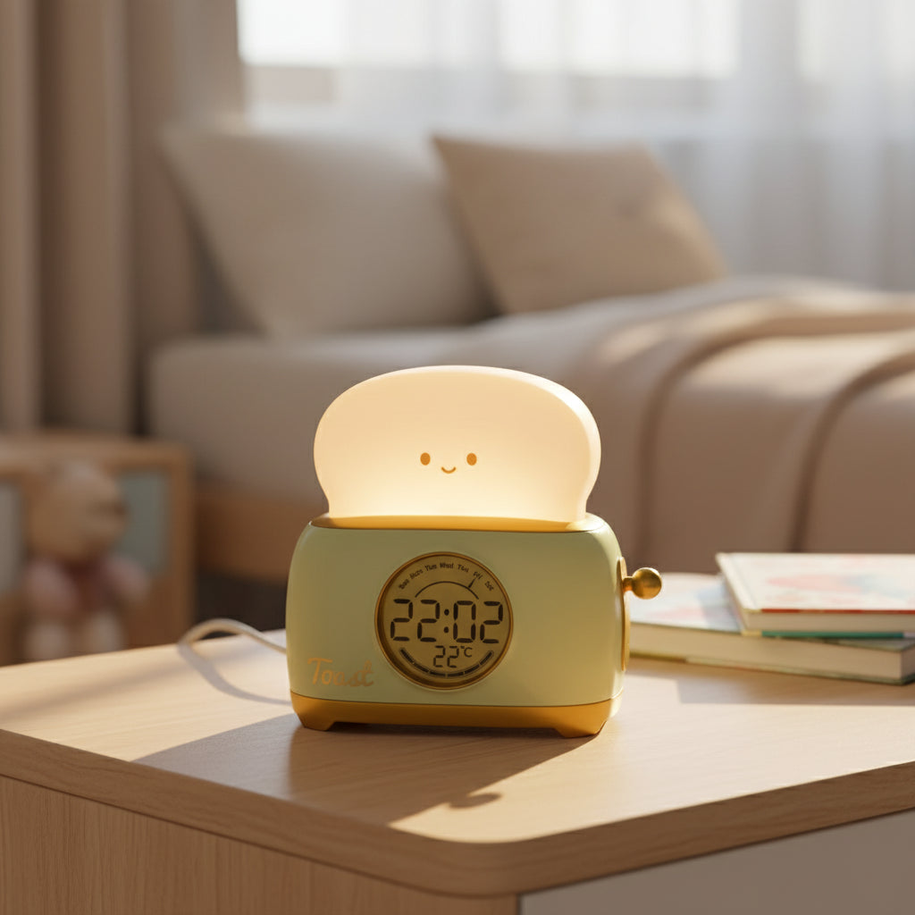 Veilleuse Réveil Toast – Lampe de Nuit Enfant avec Affichage LED et Température, Rechargeable USB