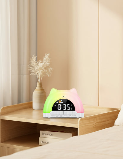 Veilleuse Réveil Chat – Lampe de Nuit Enfant – Réveil Lumineux avec Sons Apaisants – Rechargeable USB