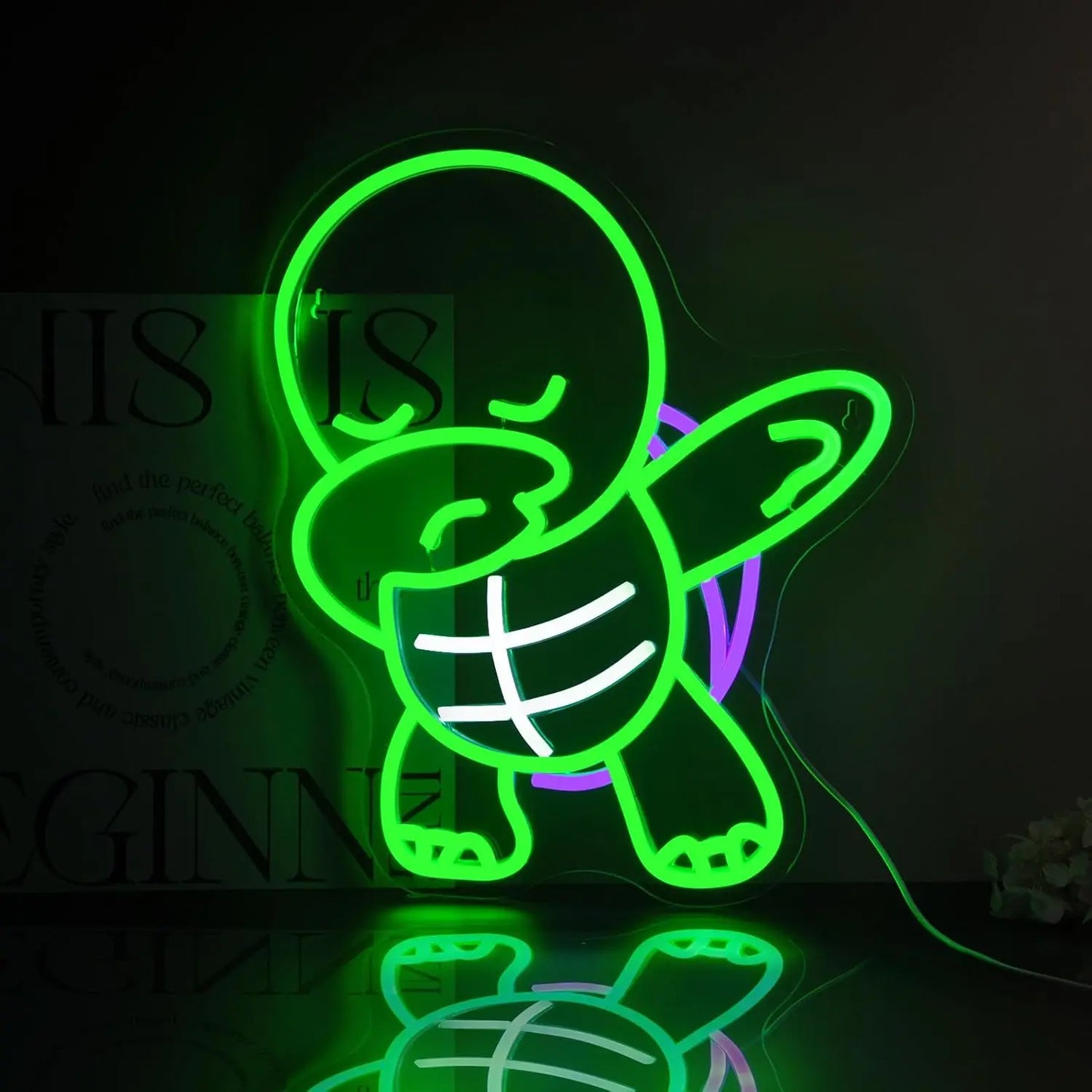 Veilleuse Tortue Néon Mural — Lampe LED verte décorative pour chambre enfant