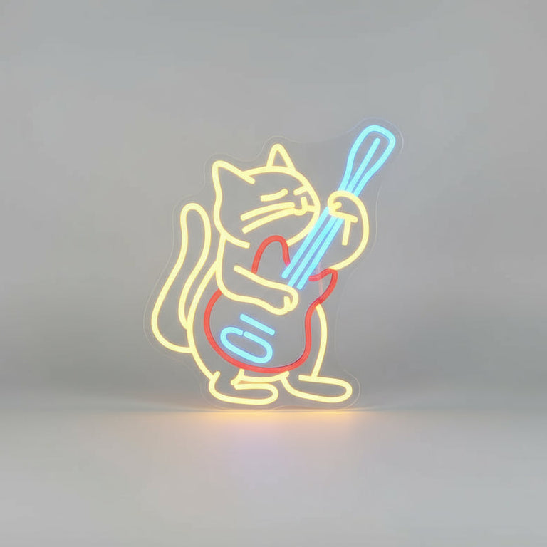 Veilleuse Chat Guitariste Néon LED – Lampe décorative murale pour chambre enfant-Rechargeable USB