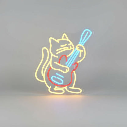 Veilleuse Chat Guitariste Néon LED – Lampe décorative murale pour chambre enfant-Rechargeable USB