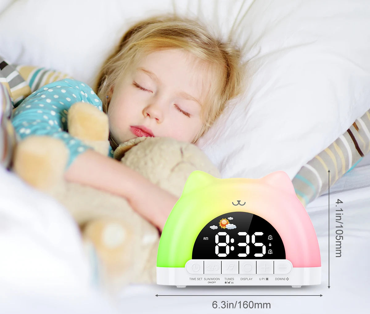 Veilleuse Réveil Chat – Lampe de Nuit Enfant – Réveil Lumineux avec Sons Apaisants – Rechargeable USB