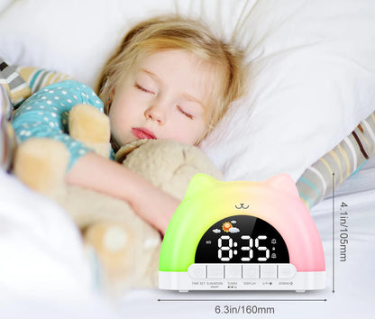 Veilleuse Réveil Chat – Lampe de Nuit Enfant – Réveil Lumineux avec Sons Apaisants – Rechargeable USB