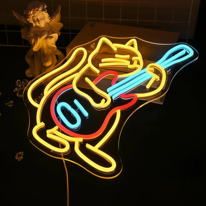Veilleuse Chat Guitariste Néon LED – Lampe décorative murale pour chambre enfant-Rechargeable USB