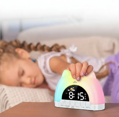 Veilleuse Réveil Chat – Lampe de Nuit Enfant – Réveil Lumineux avec Sons Apaisants – Rechargeable USB