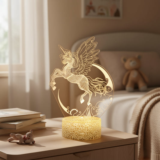 Veilleuse Licorne Ailée LED 3D — Lumière féerique et colorée, rechargeable USB