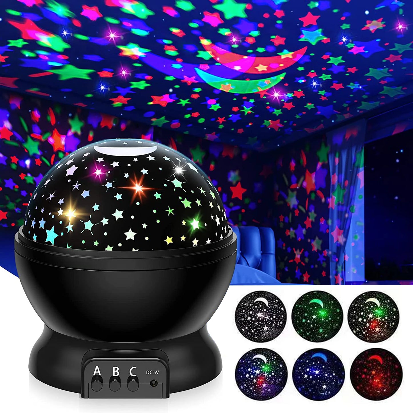 Veilleuse projecteur etoile rotatif LED multicolore lune et etoiles pour chambre enfant