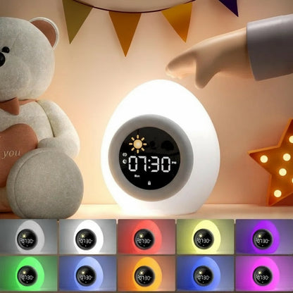 Veilleuse Réveil Œuf – Lampe de Nuit Enfant à Lumière Douce, Affichage Jour/Nuit, Rechargeable USB