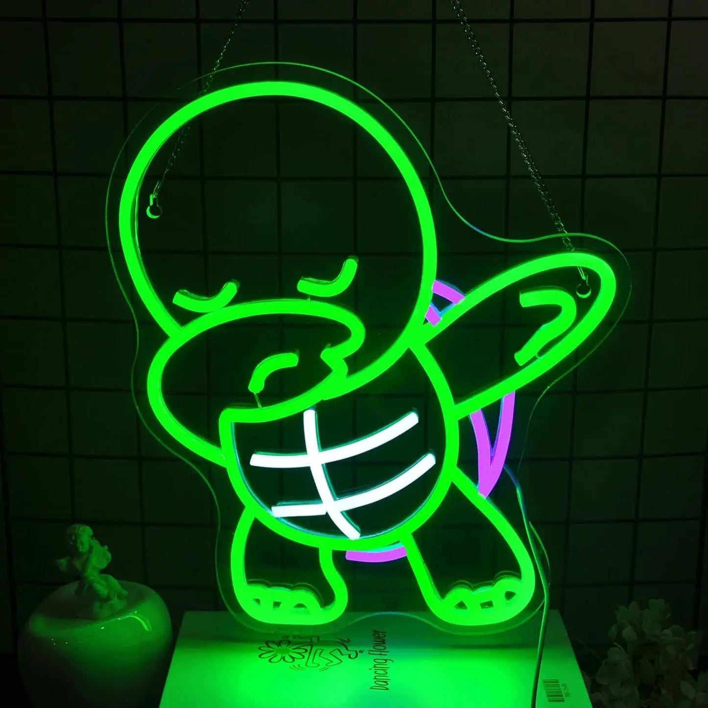 Veilleuse Tortue Néon Mural — Lampe LED verte décorative pour chambre enfant