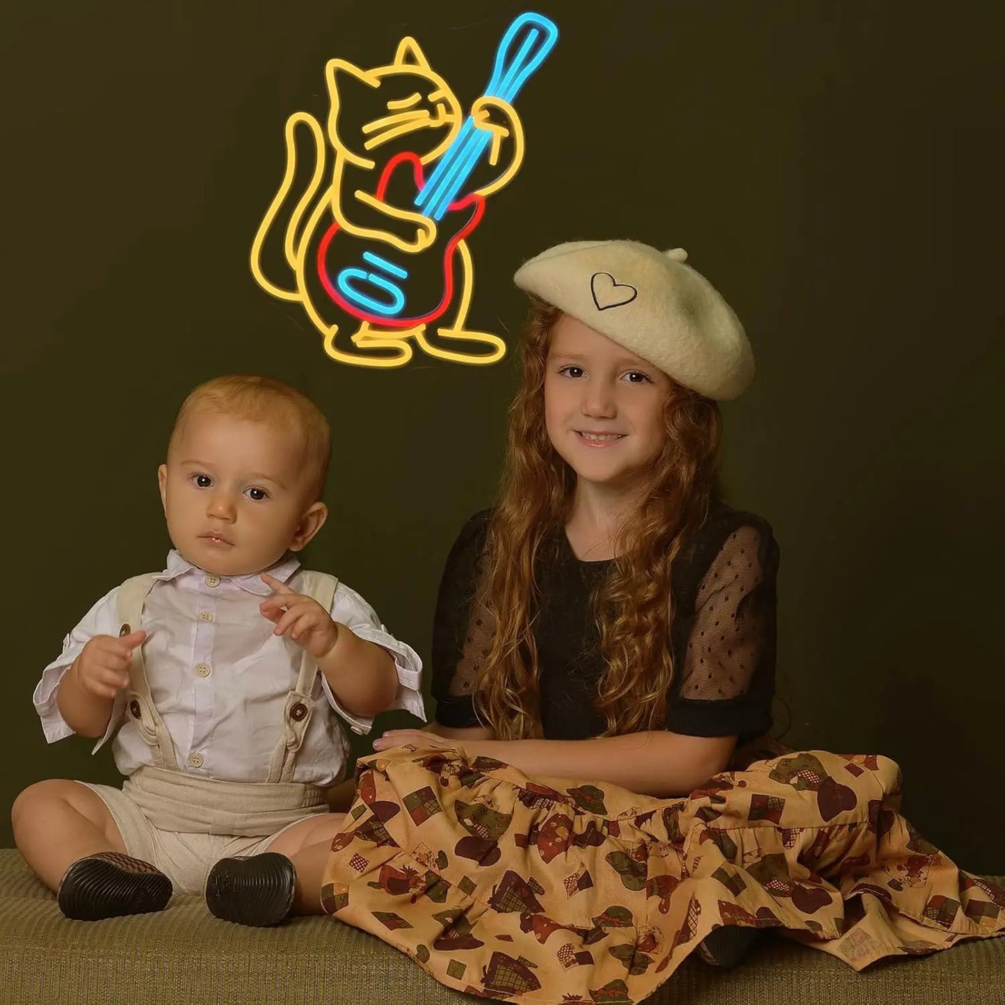 Veilleuse Chat Guitariste Néon LED – Lampe décorative murale pour chambre enfant-Rechargeable USB
