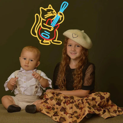 Veilleuse Chat Guitariste Néon LED – Lampe décorative murale pour chambre enfant-Rechargeable USB