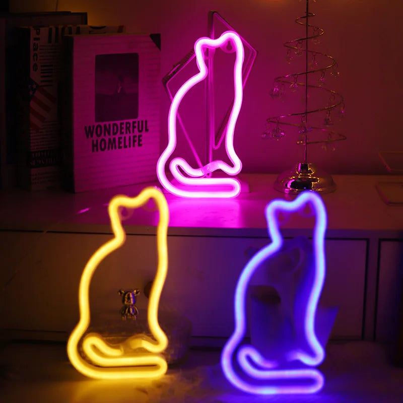 Veilleuse Chat Néon LED – Lampe décorative pour chambre enfant, rechargeable USB