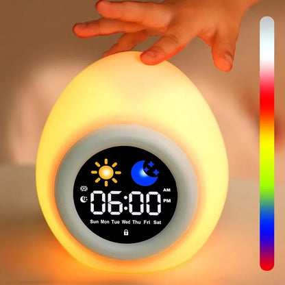 Veilleuse Réveil Œuf – Lampe de Nuit Enfant à Lumière Douce, Affichage Jour/Nuit, Rechargeable USB