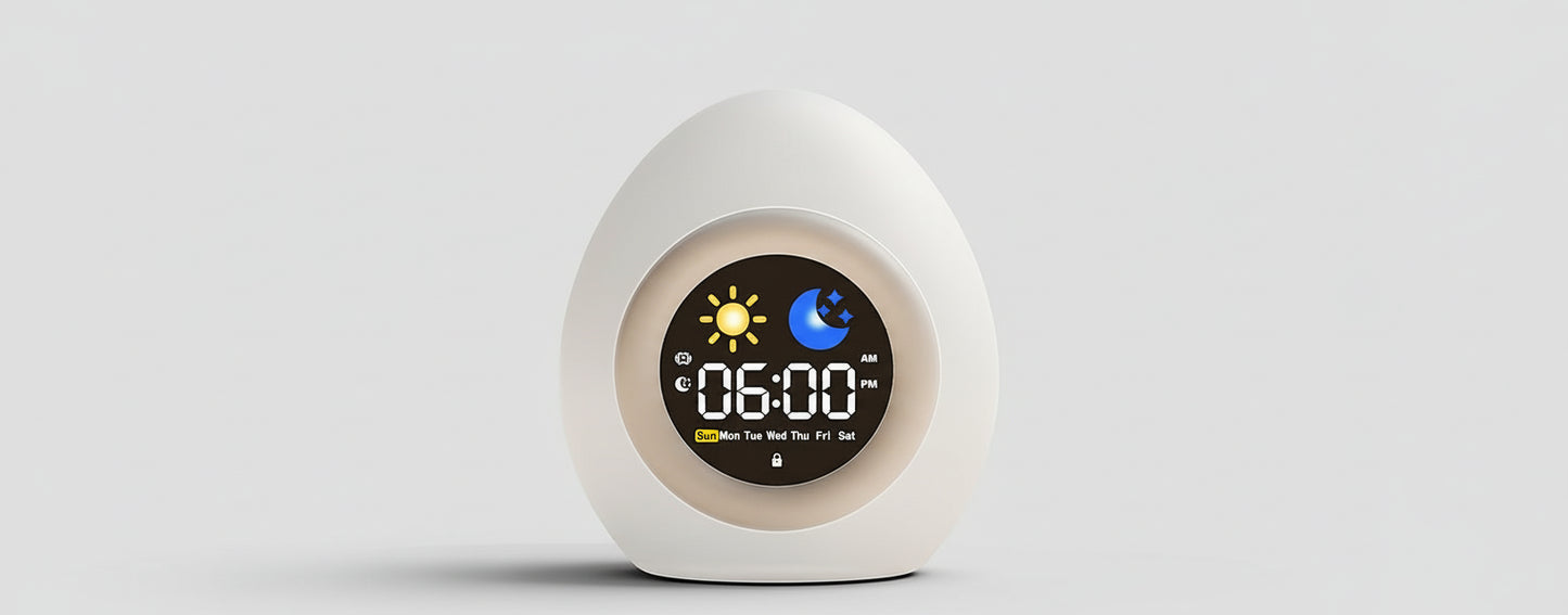 Veilleuse Réveil Œuf – Lampe de Nuit Enfant à Lumière Douce, Affichage Jour/Nuit, Rechargeable USB