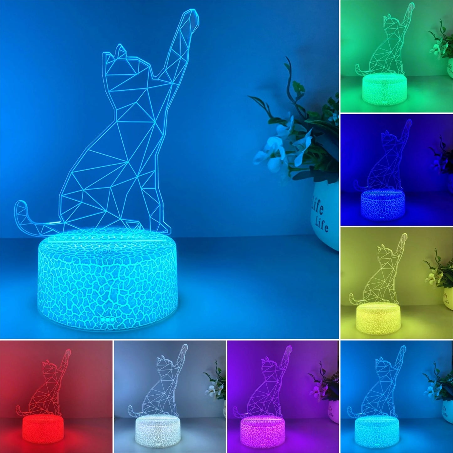 Veilleuse Chat Moderne 3D – Lampe LED tactile multicolore, rechargeable USB