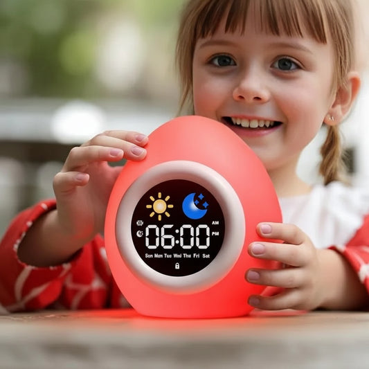 Veilleuse Réveil Œuf – Lampe de Nuit Enfant à Lumière Douce, Affichage Jour/Nuit, Rechargeable USB