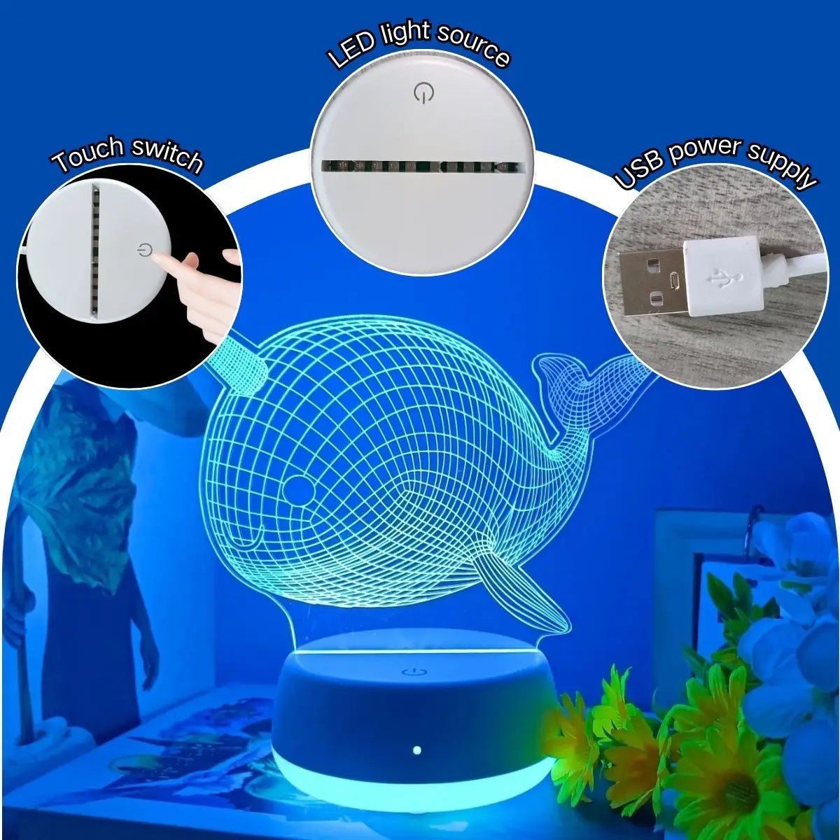 Veilleuse Baleine-Licorne LED 3D — Lampe décorative et lumière magique pour chambre enfant