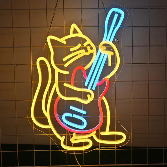 Veilleuse Chat Guitariste Néon LED – Lampe décorative murale pour chambre enfant-Rechargeable USB
