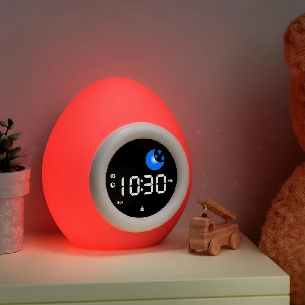 Veilleuse Réveil Œuf – Lampe de Nuit Enfant à Lumière Douce, Affichage Jour/Nuit, Rechargeable USB