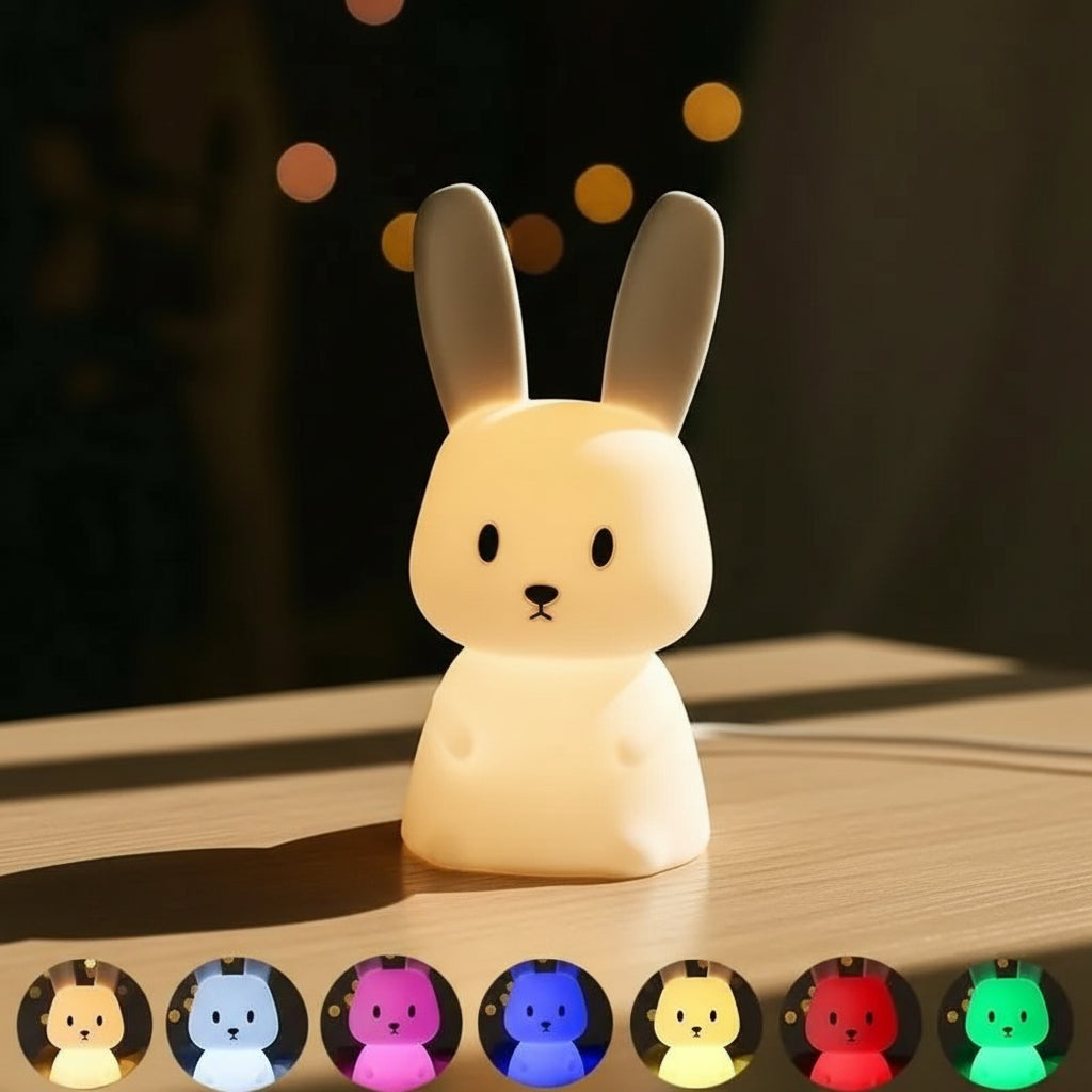 Veilleuse Lapin Grandes Oreilles – Lampe LED en Silicone Doux Rechargeable USB