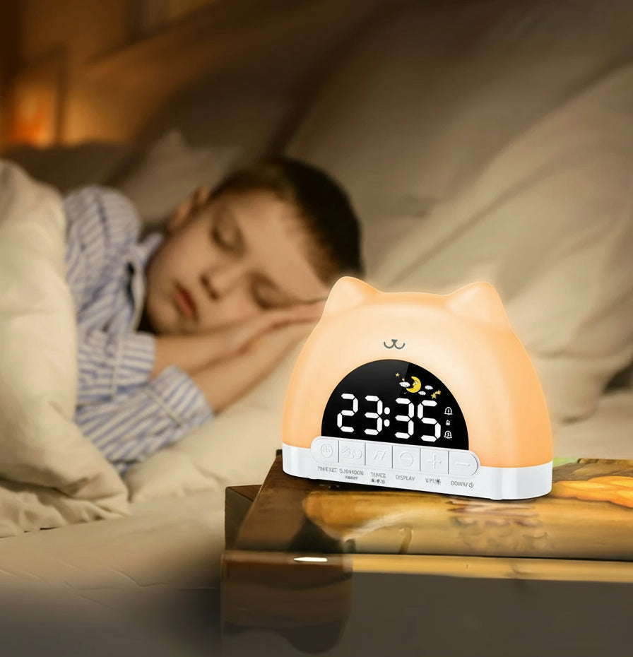Veilleuse Réveil Chat – Lampe de Nuit Enfant – Réveil Lumineux avec Sons Apaisants – Rechargeable USB